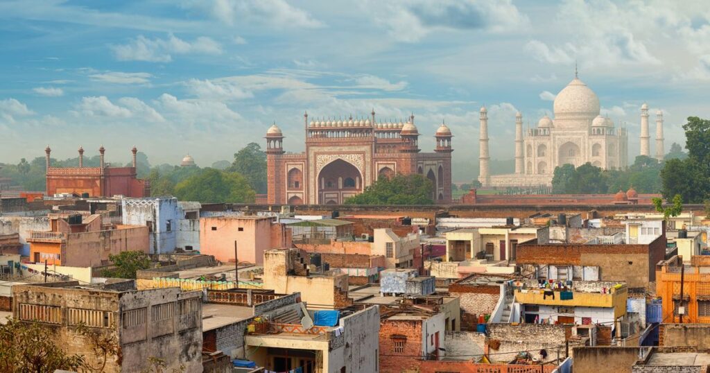 The Taj Mahal rising above the Agra skyline