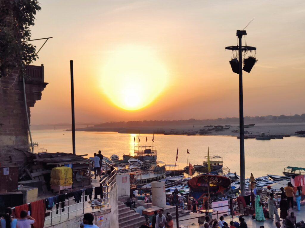 Sunrise over the Ganges and the ghats of Varanasi