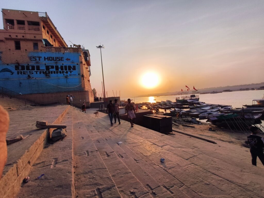 Sunrise over the Varanasi ghats and boats