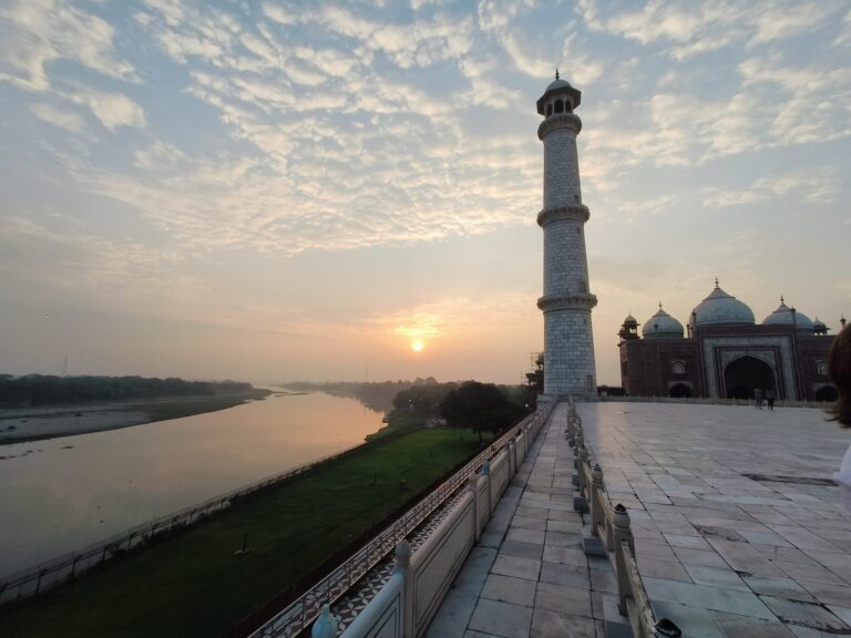 The Taj Mahal seen from across the Yamuna river, Agra